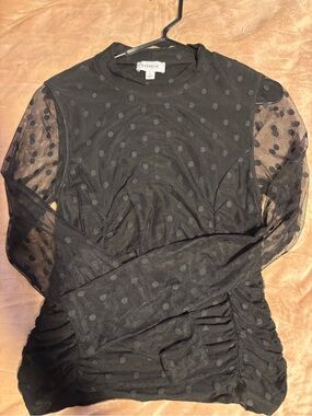 Evereve Black Polka Dot Sheer Mesh Long Sleeve Top